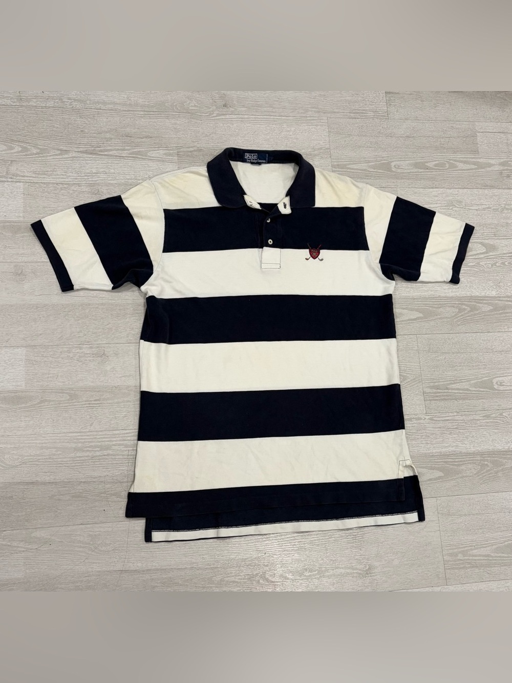 Vintage Polo by Ralph Lauren Menâs Striped Rugby Polo Shirt Navy White Crest XL